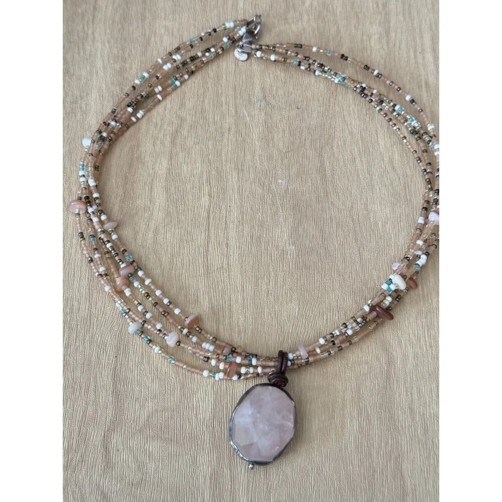 Tica Rose 925 Sterling Silver Rose Quartz Gemstone Beaded Multi-Strand Necklace - Picture 6 of 10
